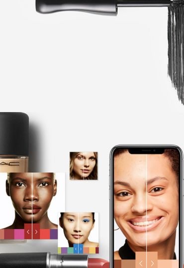 Square crops of different models using Virtual Try On, surrounded by MAC icons and swatches