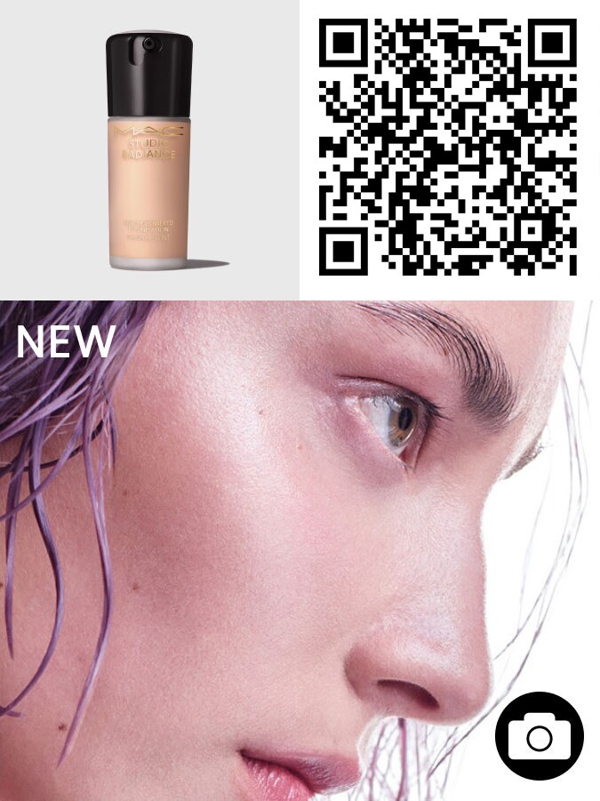 QR code and model's face for STUDIO RADIANCE SERUM-POWEREDTM FOUNDATION.